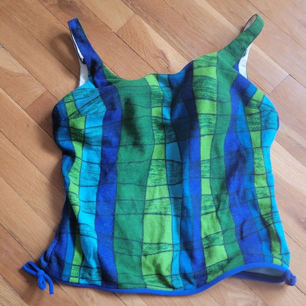 50s 60s Vtg Womens Green Blue Plaid Swim Mod Tank Top‎ Shirt Elisabeth Stewart S